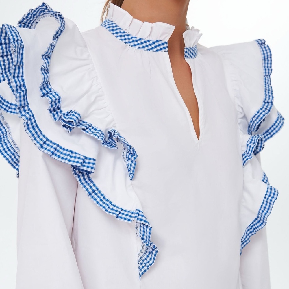 Tuckernuck Hyacinth House Blue Gingham Ruffle Holly Blouse Top Size XS White - Picture 2 of 14